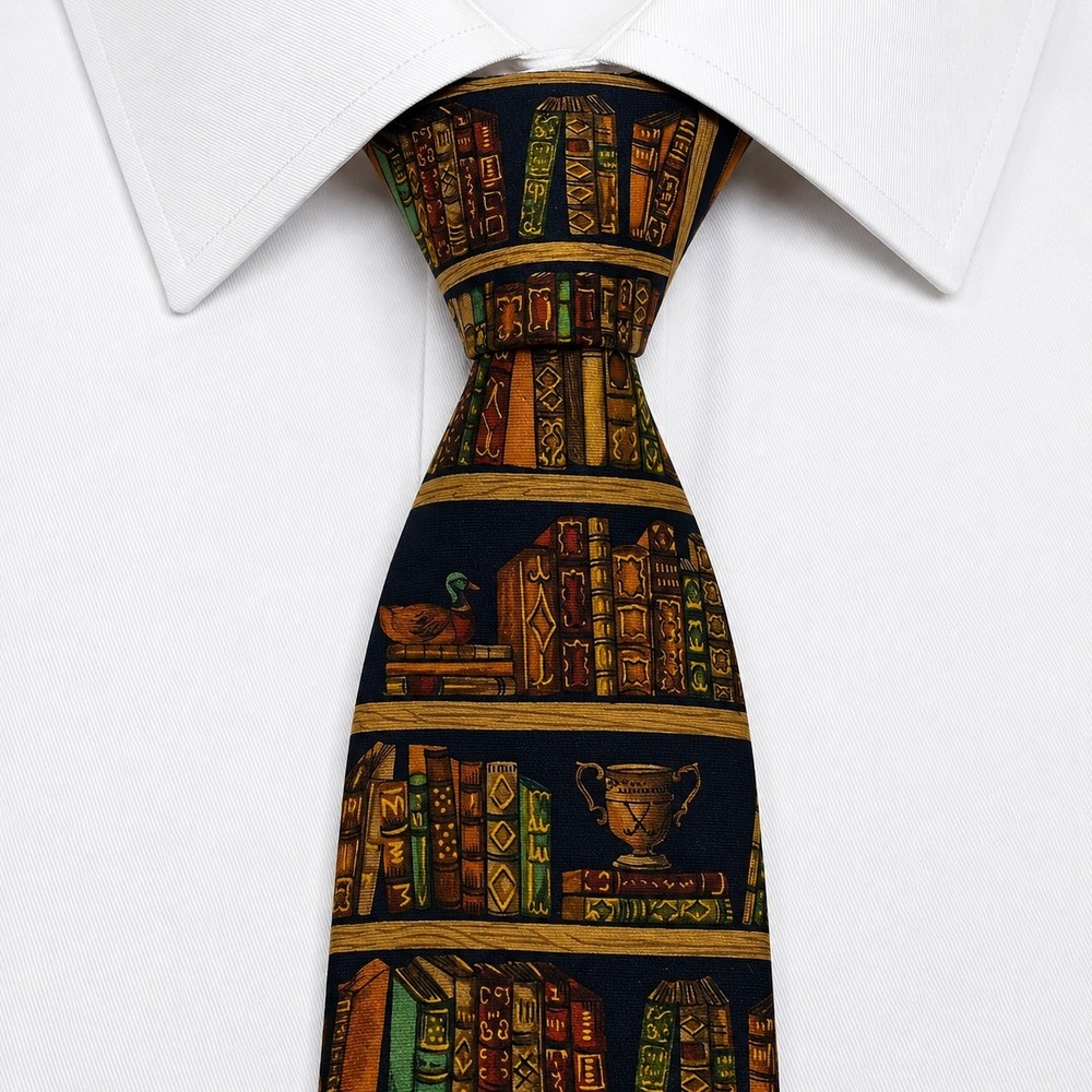 Alynn Neckwear Silk Tie Mens OS Navy Bookshelf Ex Libris Library Dark Academia